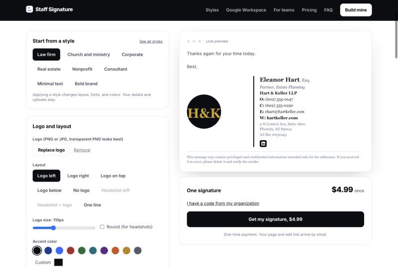 The signature builder with a live preview